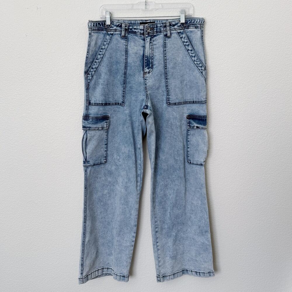 [Sanctuary] Light Wash Acid Denim High Rise Wide Leg Cargo Jeans Stretch Size 32